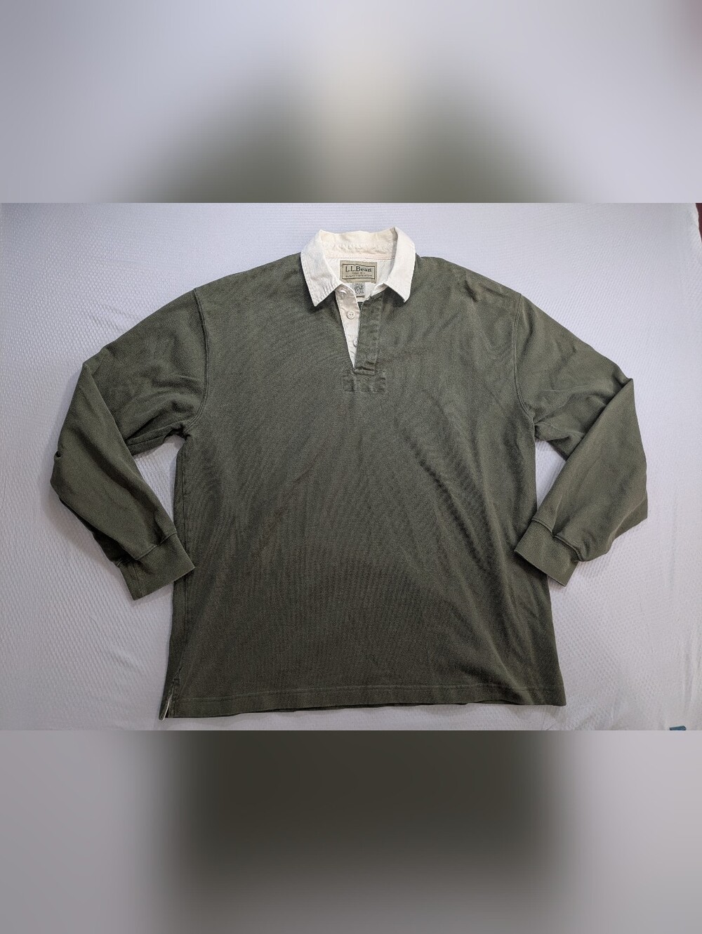 Vintage L.L. Bean Rugby Shirt Mens Large Olive Green Long Sleeve 100% Cotton
